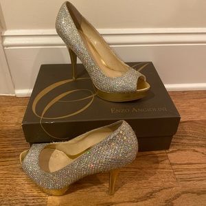 Six inch gold peep toe heels